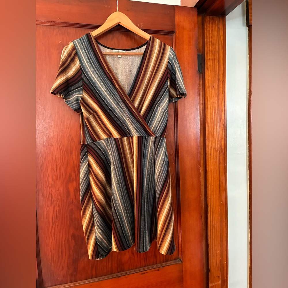 Xtraordinary Striped V-Neck Mini Dress in Warm Tones